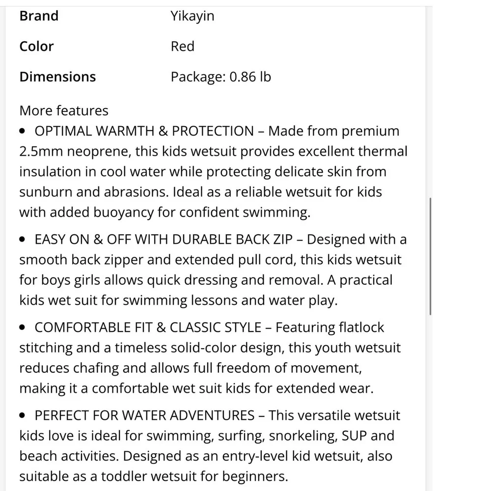 Yikayin Wetsuit Kids Unisex XS Red Black Excellent 2.5mm Thermal Shorty Neoprene